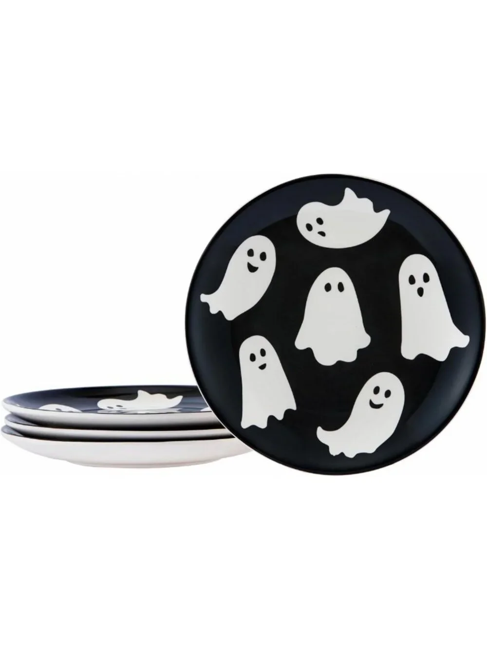 Set of 4 White Ghost Halloween Salad Plates - Ceramic, 8.75 Inch, Microwave